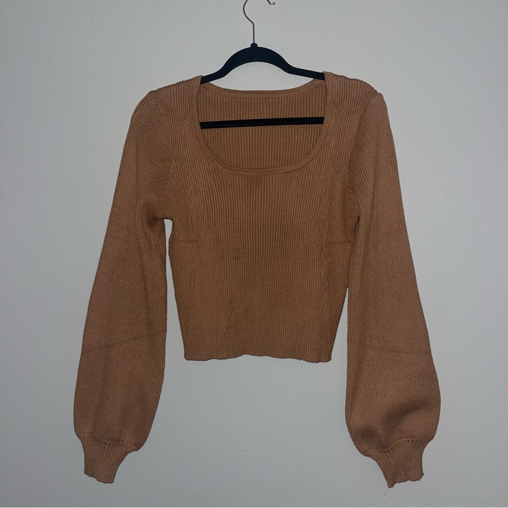 Tan Cropped Ribbed Knit Sweater
